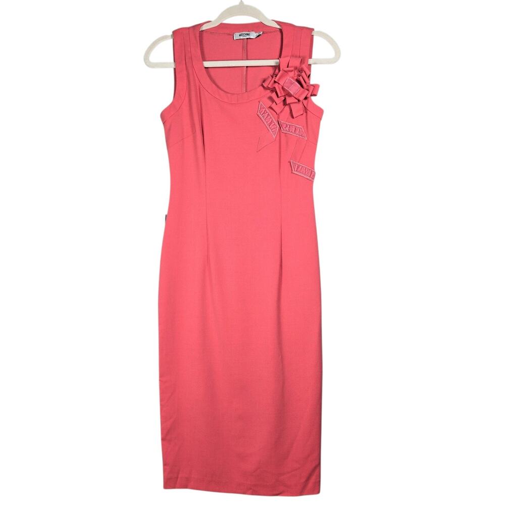 Vintage Moschino Jeans Dress 8‎ IT 42 Pink Bow Sheath Midi Made In Italy 90s